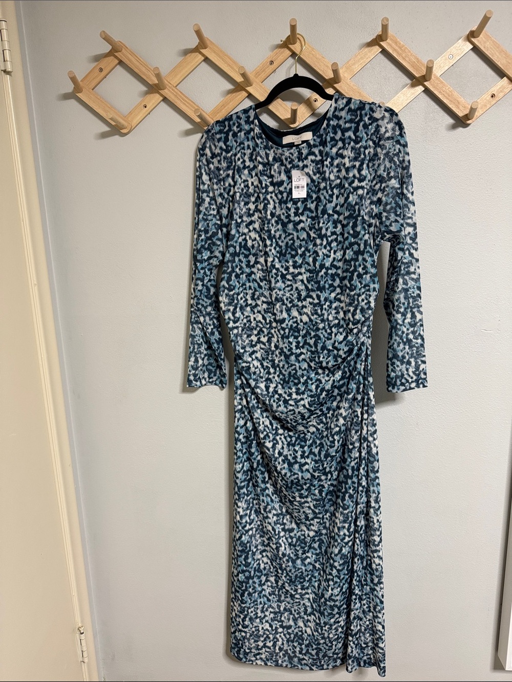 LOFT Blue and White Long Sleeve Abstract Print Midi Dress